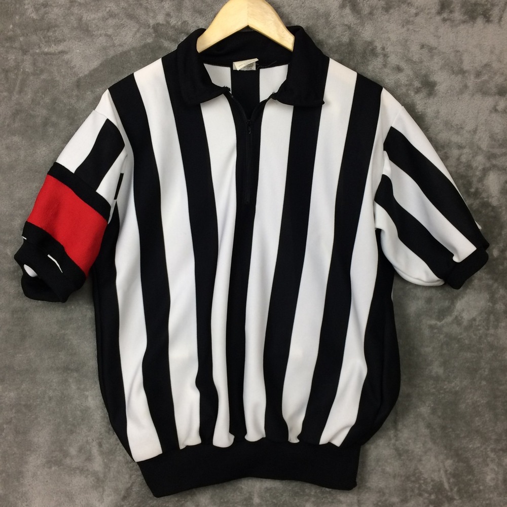 Vtg Referee Jersey Quarter Zip Mens L Shirt Black White Striped Red Arm Knit